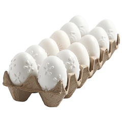 Бели пластмасови яйца с шарка - 12 броя / 6 см
