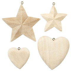 Дървена декорация - сърца и звезди - 4 броя