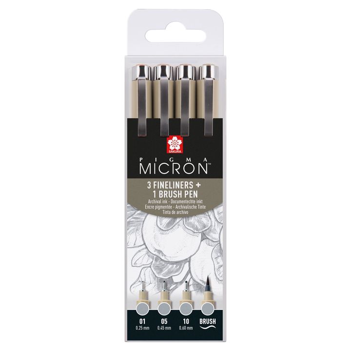 Комплект технически химикалки Sakura Pigma Micron 3 fineliners a brush pen  | сиви нюанси