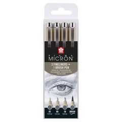 Комплект технически химикалки Sakura Pigma Micron 3 fineliners a brush pen | тъмно сиви нюанси