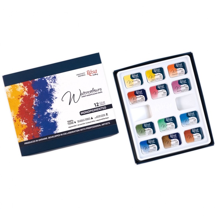 Монопигментирани акварелни бои ROSA Gallery 12x2,5 ml